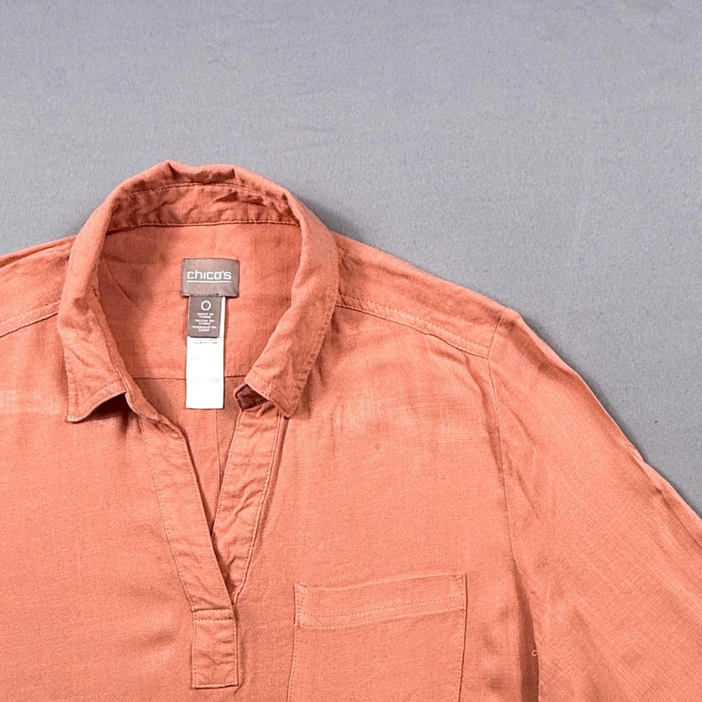 Chicos Coral Rayon Button Back Roll Tab Sleeve Tunic Top Size 0 XS/S